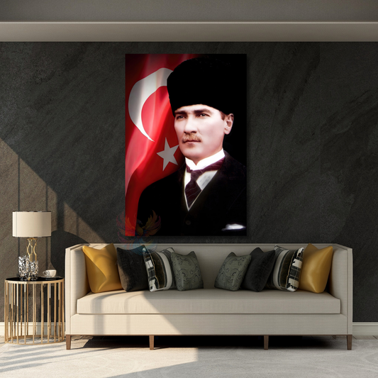 Atatürk ve Bayrak Kanvas Tablo Dikey Duvar Tablosu Ofis Ev Dekoru Atatürk Portresi
