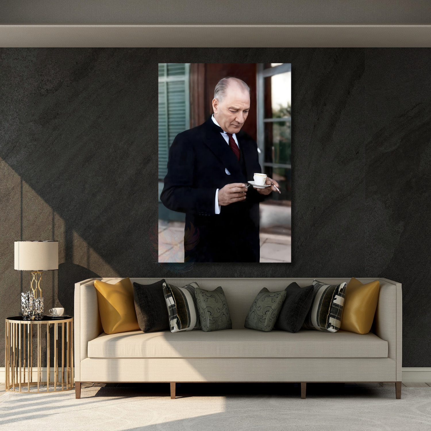 Renklendirilmiş Atatürk Modeli Kahve İçen Dikey Kanvas Tablo