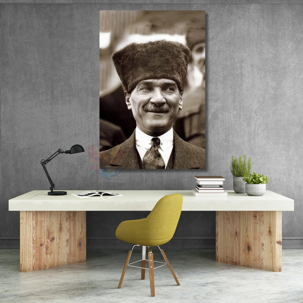Siyah Beyaz Atatürk Görseli Portresi Dikey Duvar Tablo