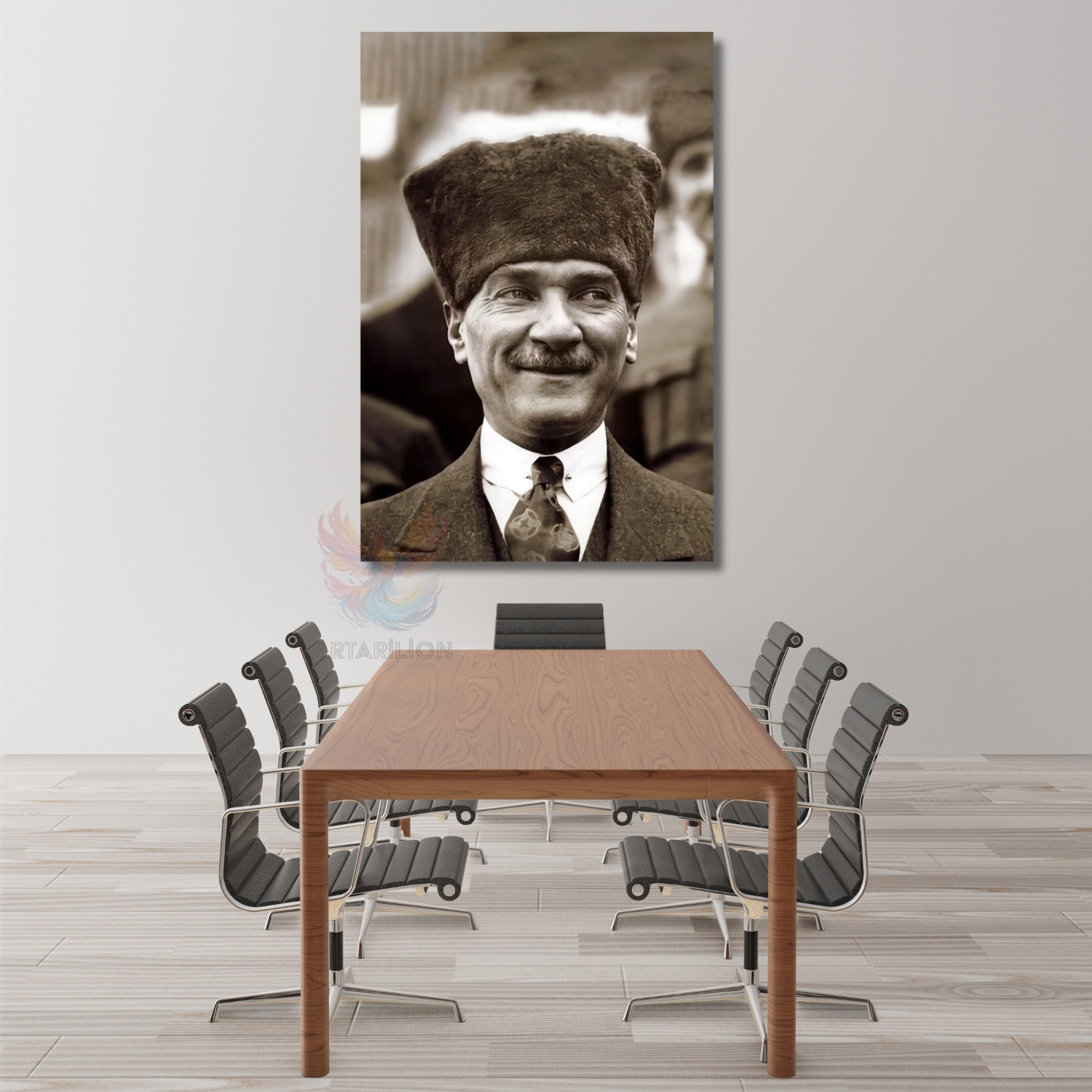 Siyah Beyaz Atatürk Görseli Portresi Dikey Duvar Tablo
