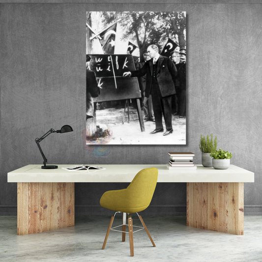 Atatürk Baş Öğretmen Kanvas Tablo Dikey Duvar Tablosu Okul Ofis Tablosu