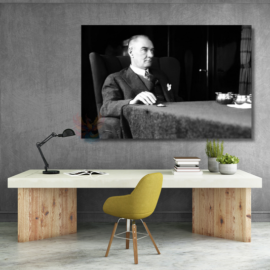 Siyah Beyaz Atatürk Tablosu Yatay Kanvas Tablo Modeli Ev Ofis Duvar Dekoru