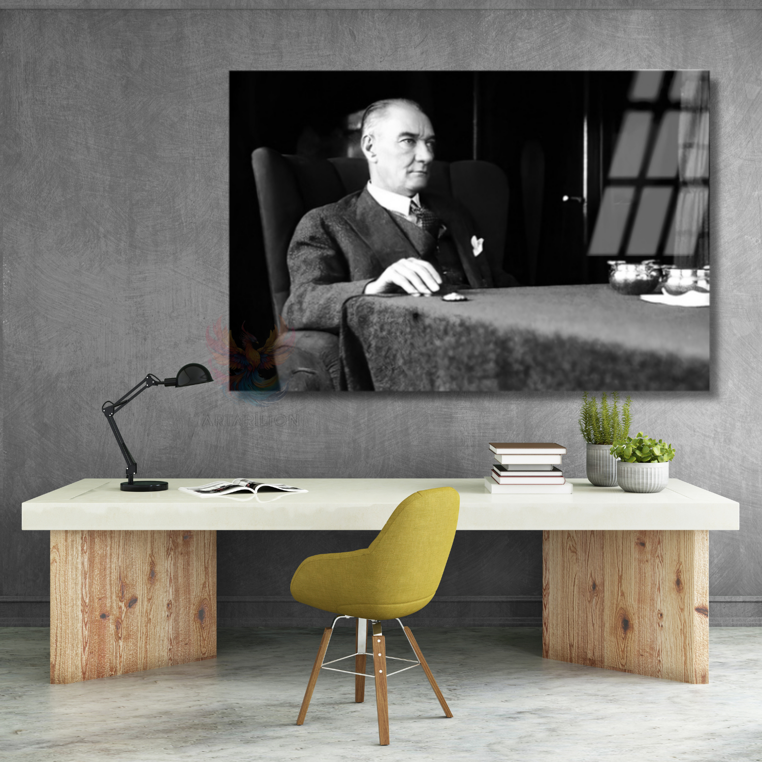Siyah Beyaz Atatürk Modeli Yatay Cam Tablo