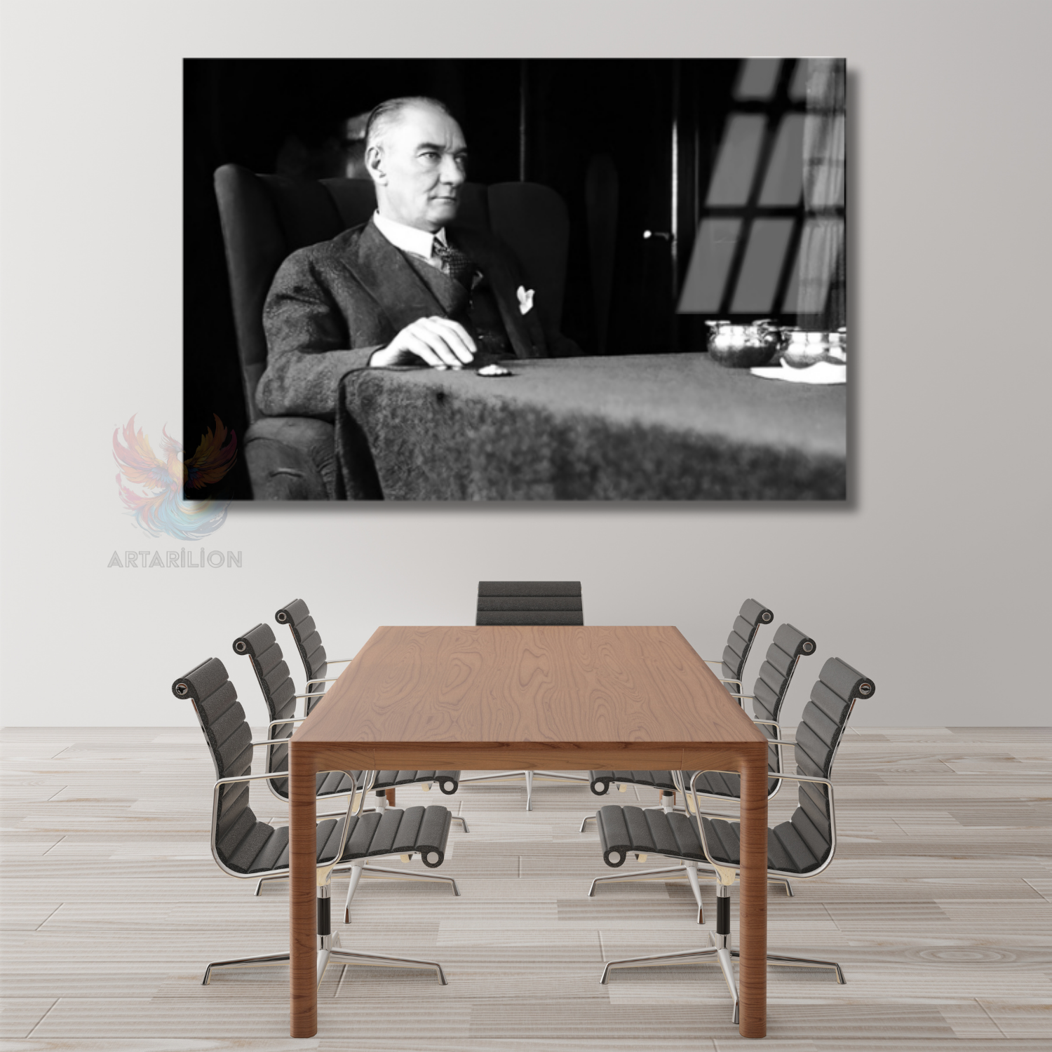 Siyah Beyaz Atatürk Modeli Yatay Cam Tablo