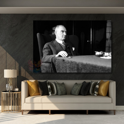Siyah Beyaz Atatürk Tablosu Yatay Kanvas Tablo Modeli Ev Ofis Duvar Dekoru