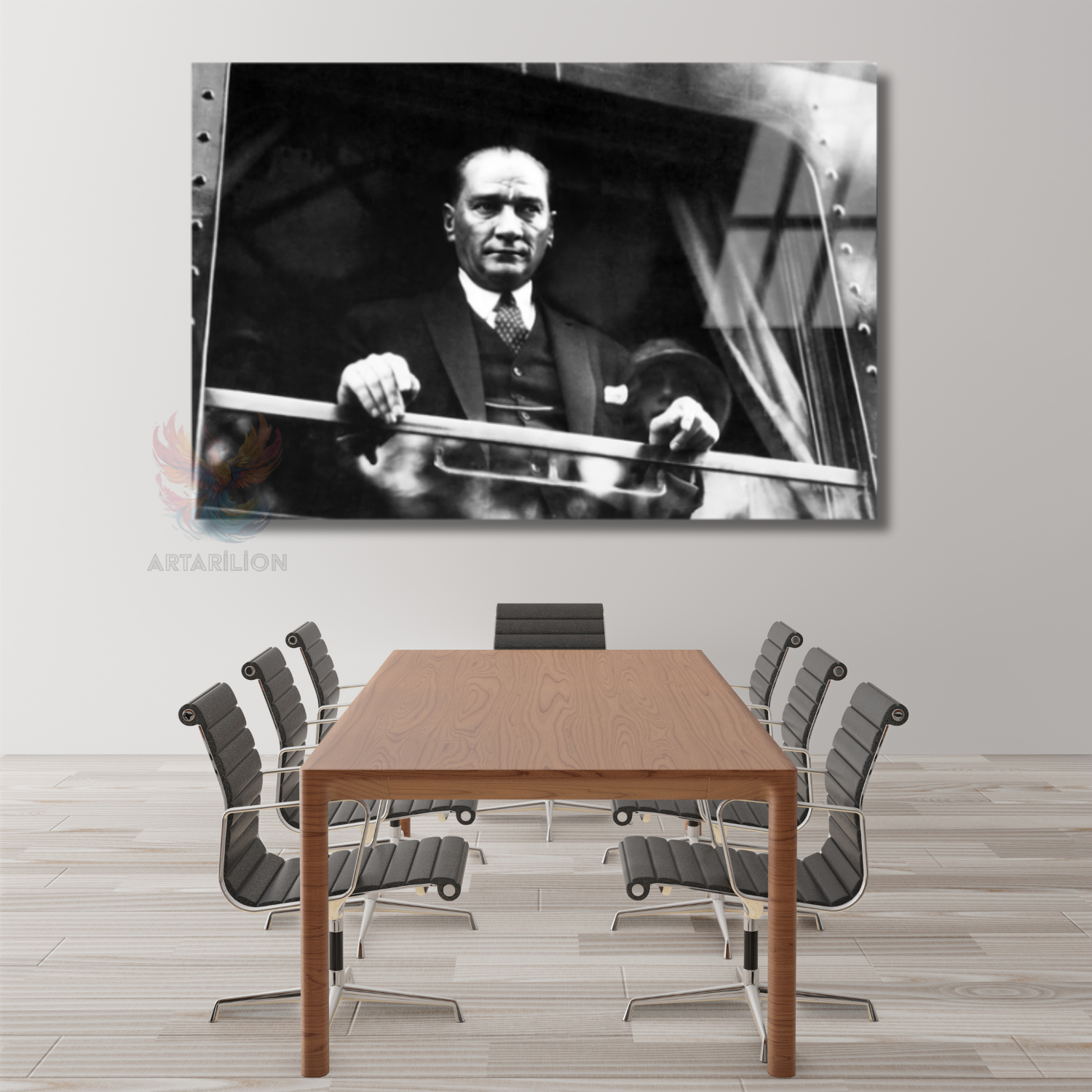 Atatürk Modeli Siyah Beyaz Dekor Cam Tablo