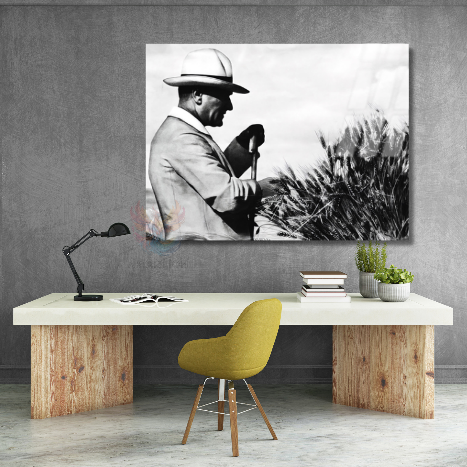 Atatürk Glass Painting Atatürk in the Field Visual Wall Painting Horizontal Painting Home Office Decor