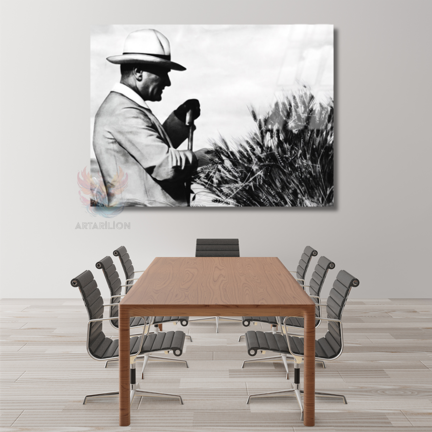 Atatürk Glass Painting Atatürk in the Field Visual Wall Painting Horizontal Painting Home Office Decor