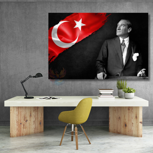 Atatürk ve Bayrak Temalı Kanvas Tablo Okul Ofis Tablosu Yatay Duvar Dekoru