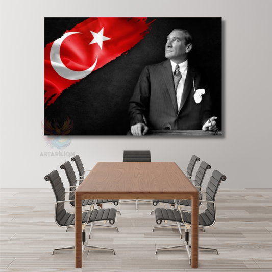 Atatürk ve Bayrak Temalı Kanvas Tablo Okul Ofis Tablosu Yatay Duvar Dekoru