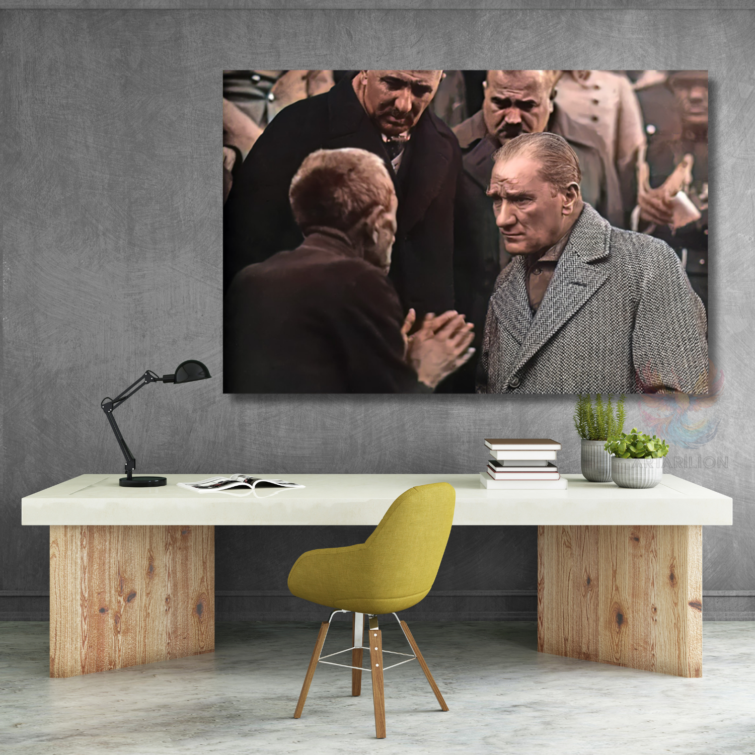 Atatürk ve Halk Temalı Renkli Modeli Yatay Kanvas Tablo
