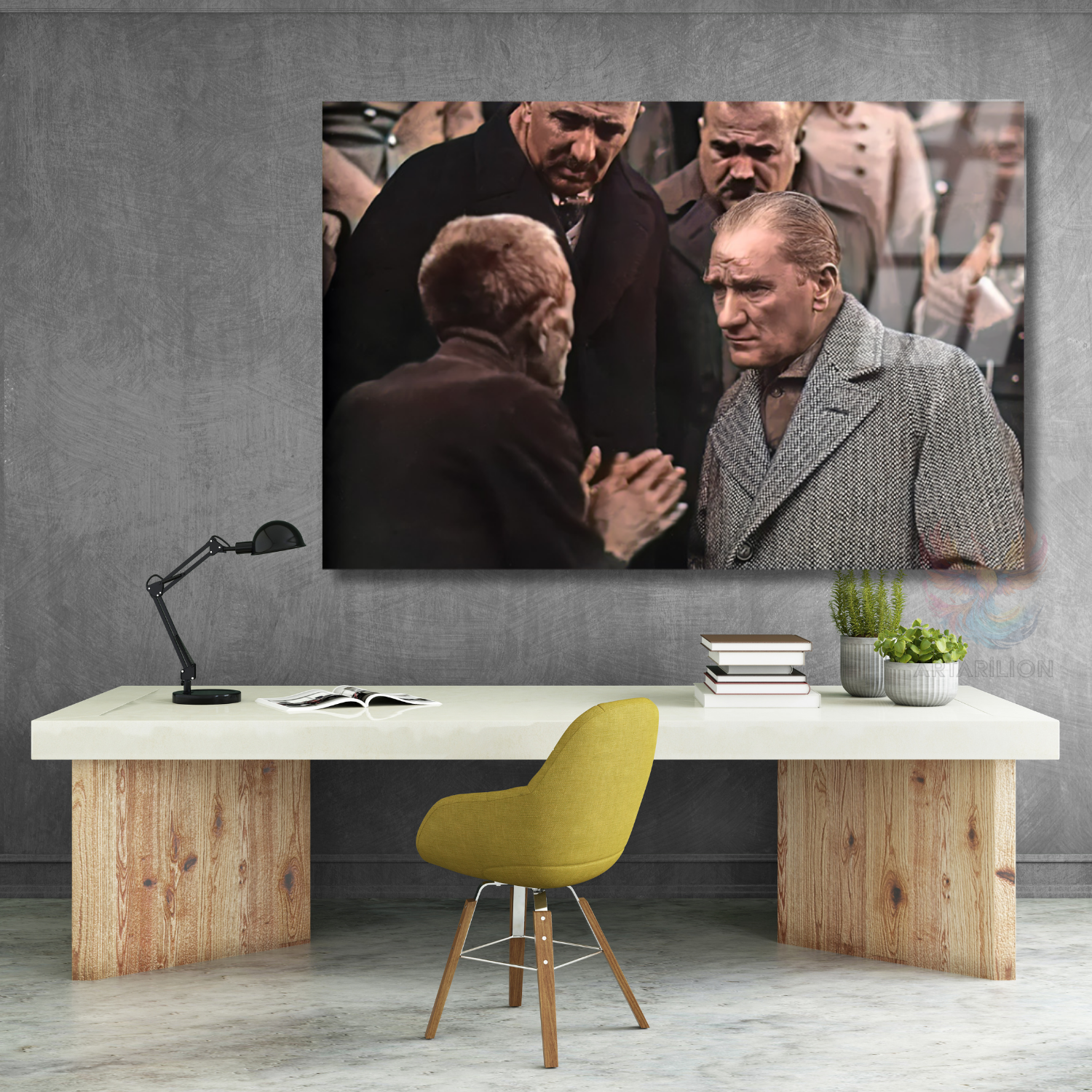 Atatürk ve Halk Temalı Renkli Modeli Yatay Cam Tablo