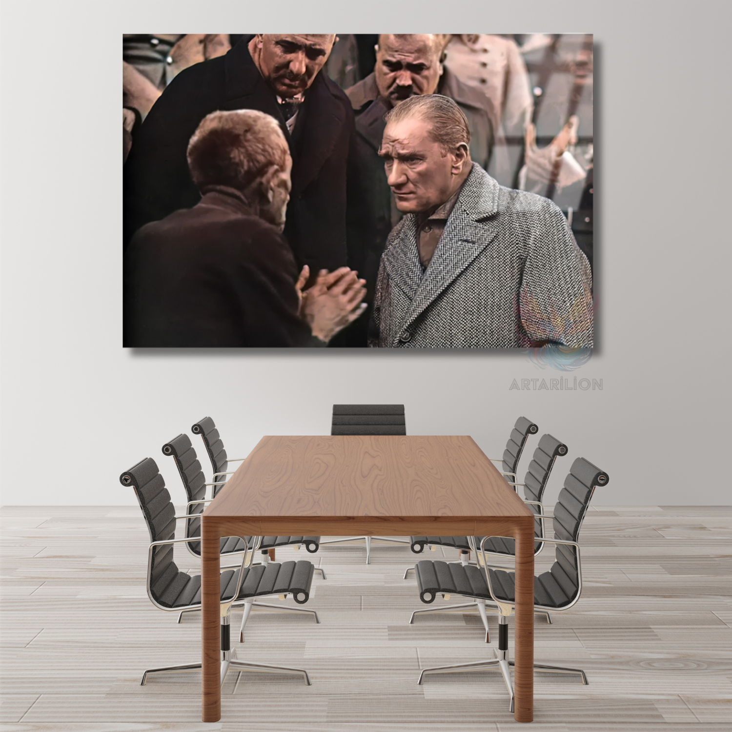 Atatürk ve Halk Temalı Renkli Modeli Yatay Cam Tablo
