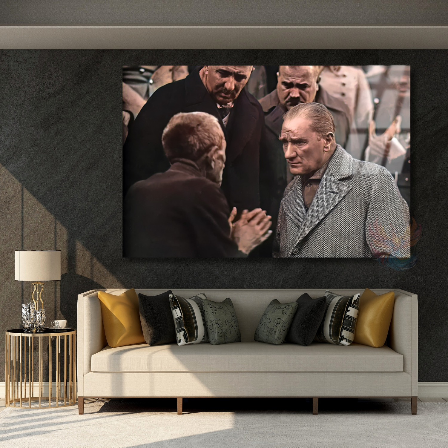 Atatürk ve Halk Temalı Renkli Modeli Yatay Cam Tablo