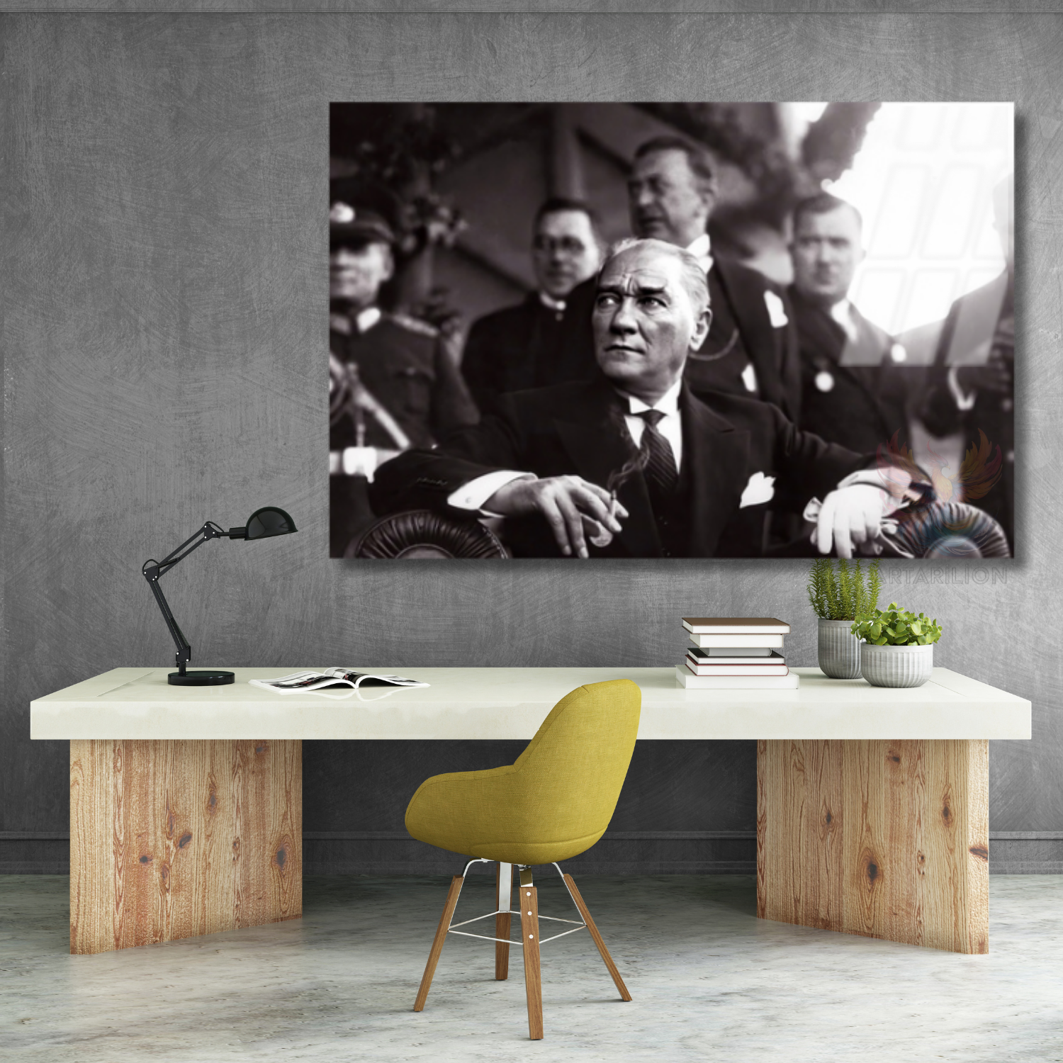 Siyah Beyaz Atatürk Modeli Yatay Cam Tablo