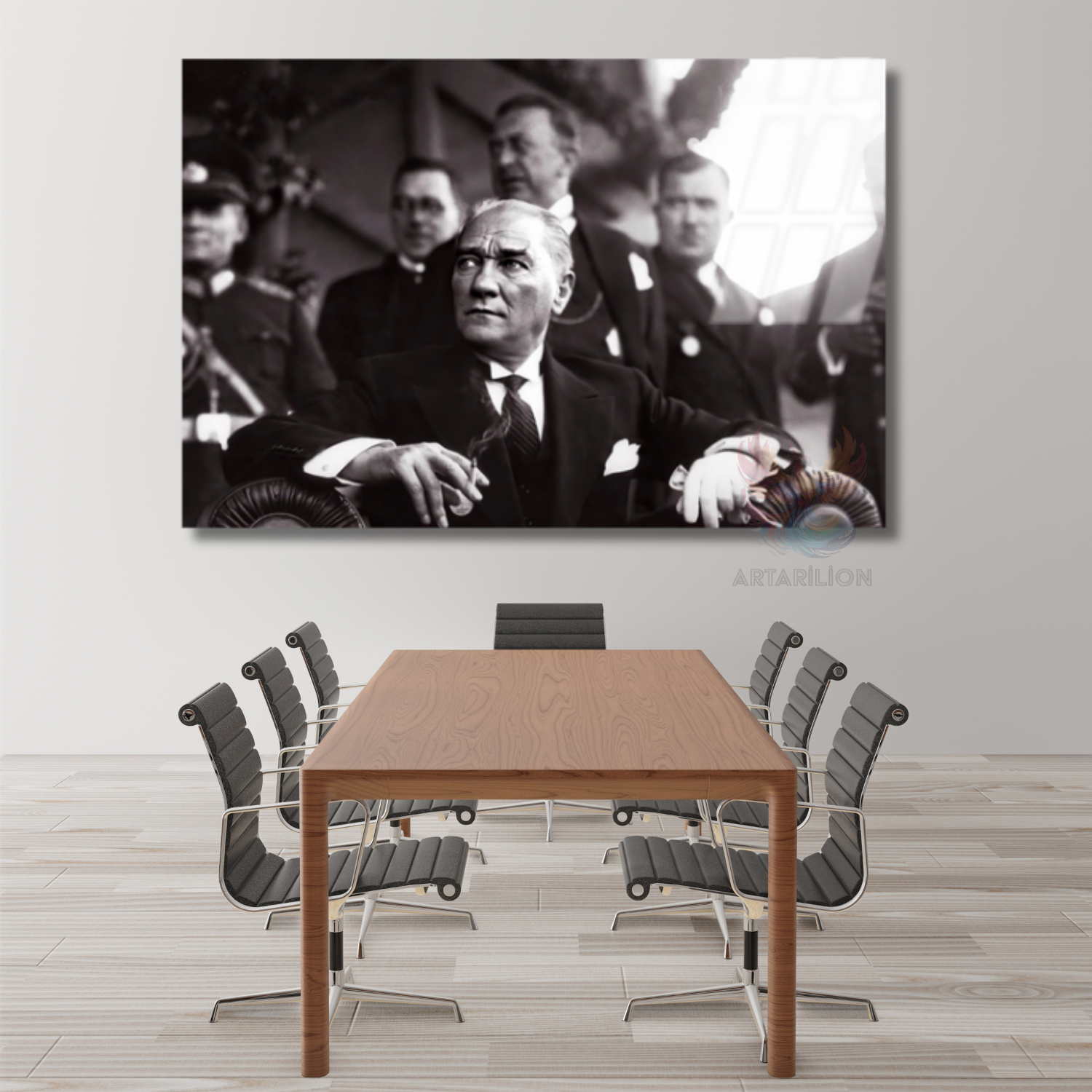 Siyah Beyaz Atatürk Modeli Yatay Cam Tablo