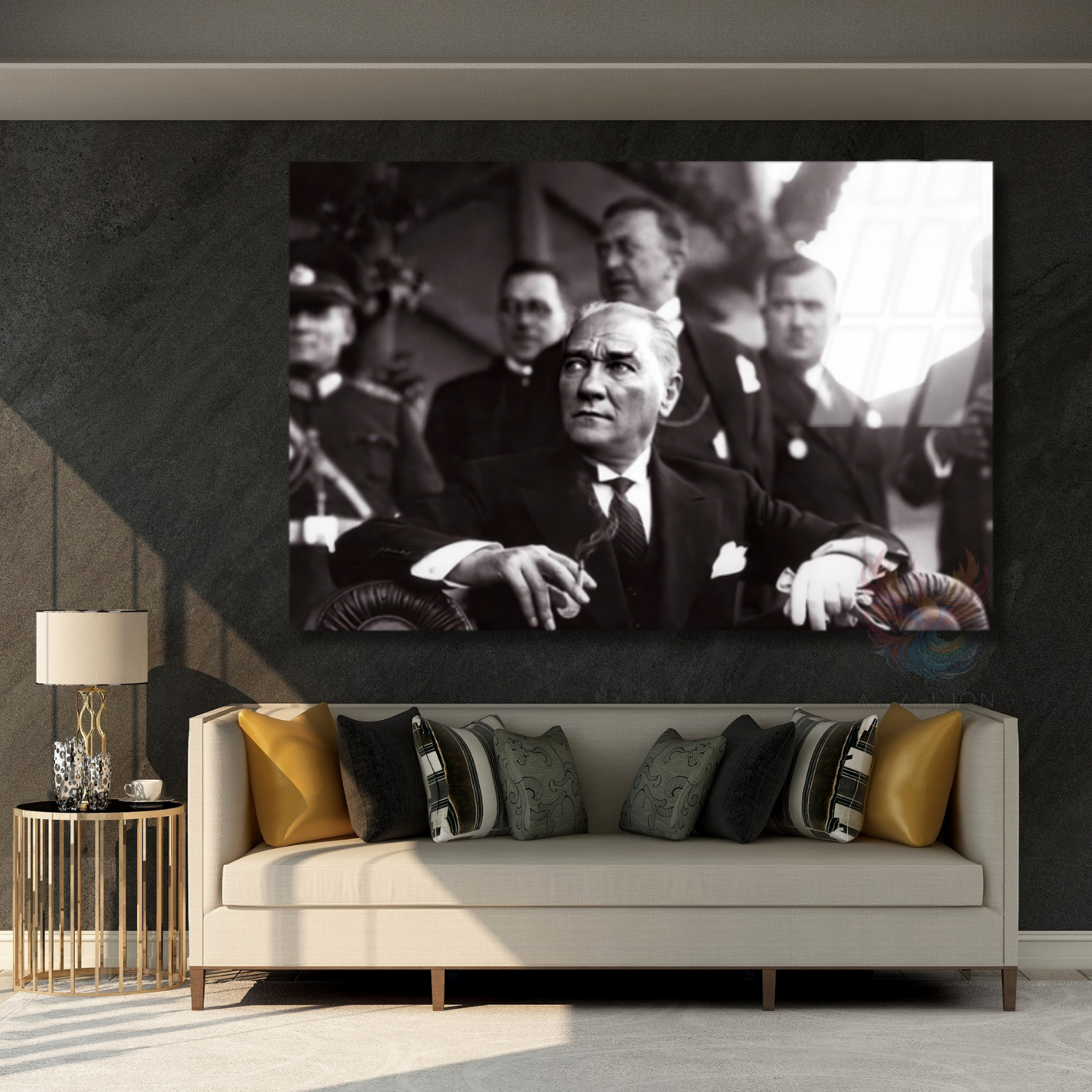 Siyah Beyaz Atatürk Modeli Yatay Cam Tablo