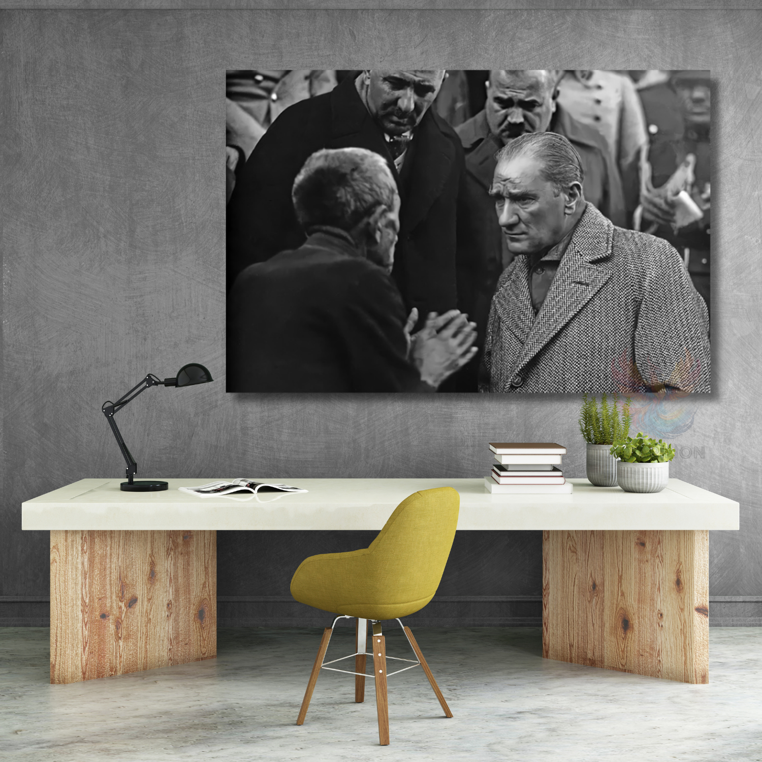 Atatürk ve Halk Temalı Siyah Beyaz Modeli Yatay Kanvas Tablo