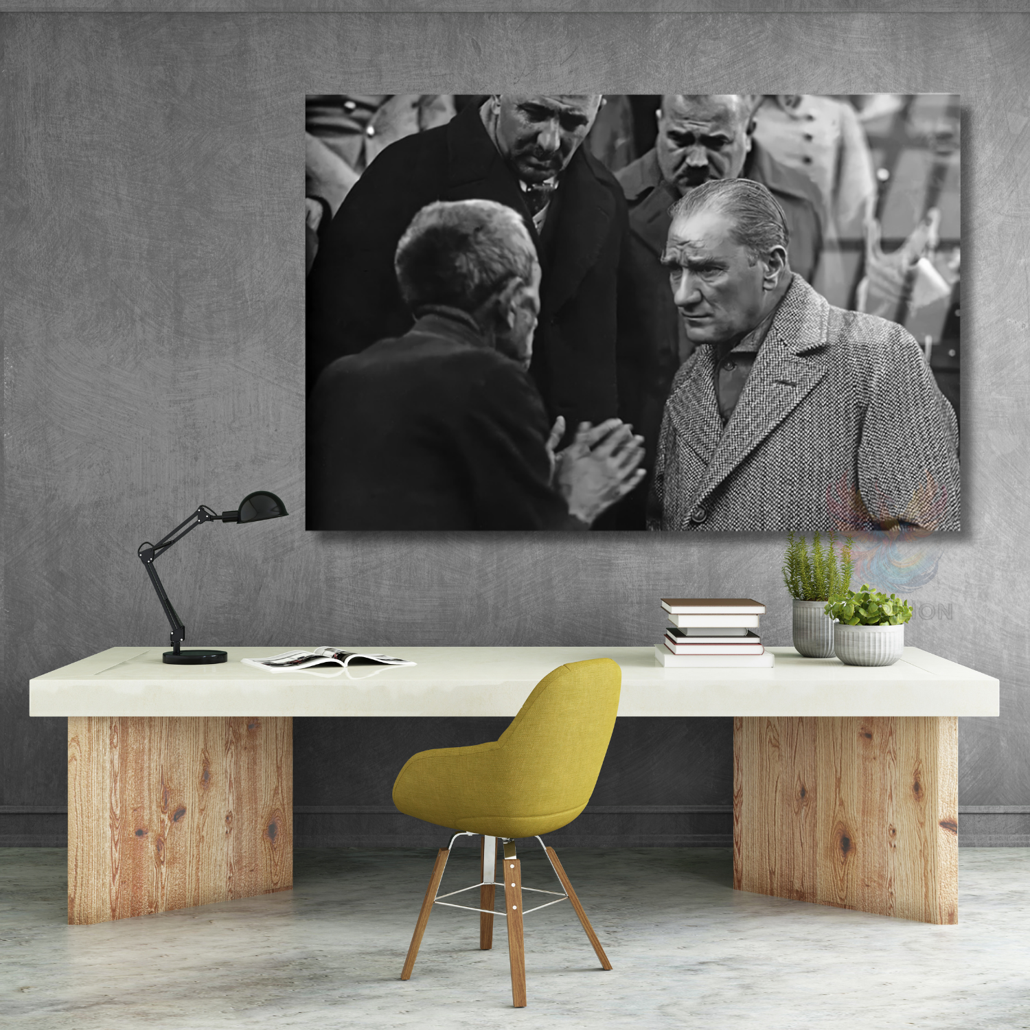 Atatürk and the People Themed Black and White Glass Painting Model Horizontal Wall Painting