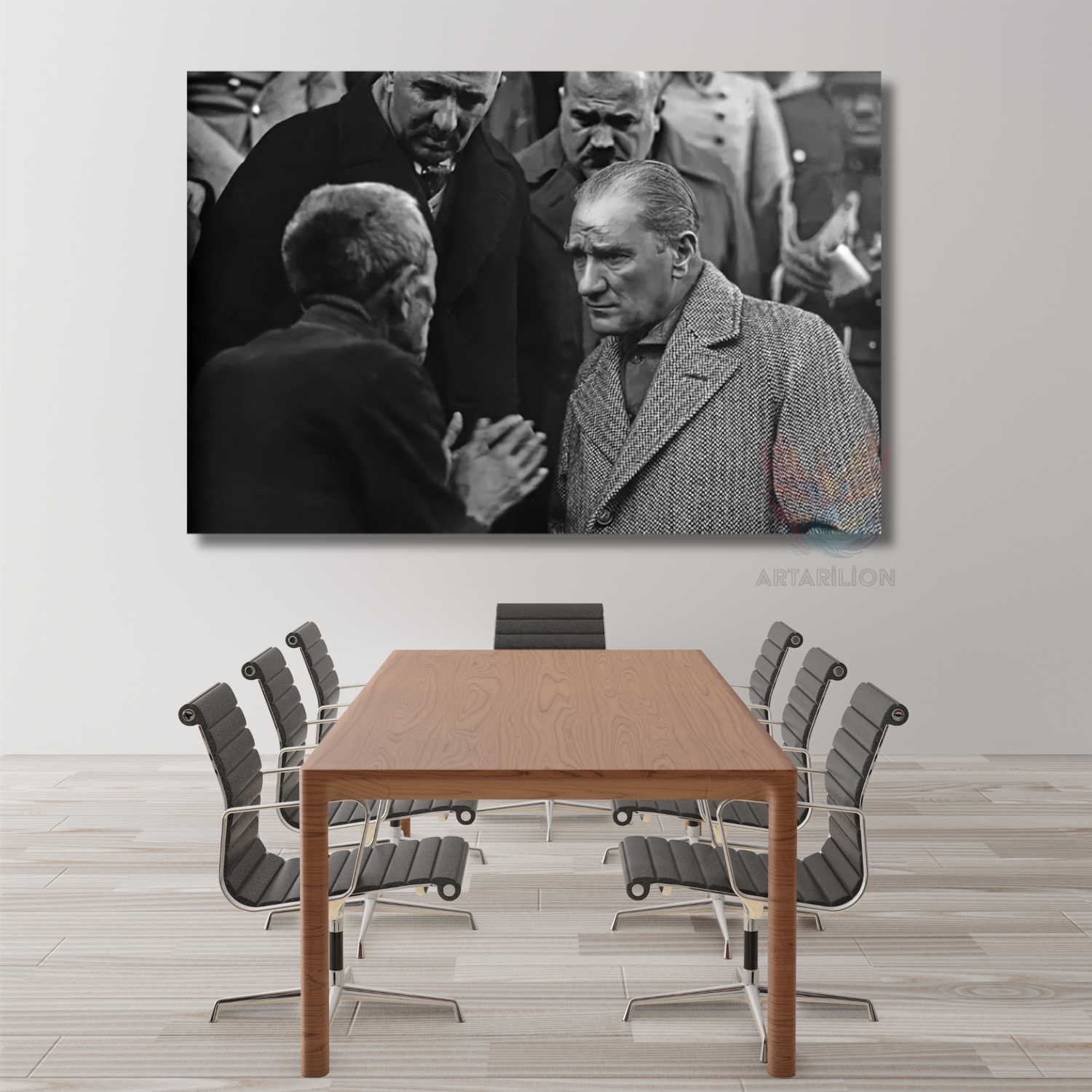 Atatürk ve Halk Temalı Siyah Beyaz Modeli Yatay Kanvas Tablo