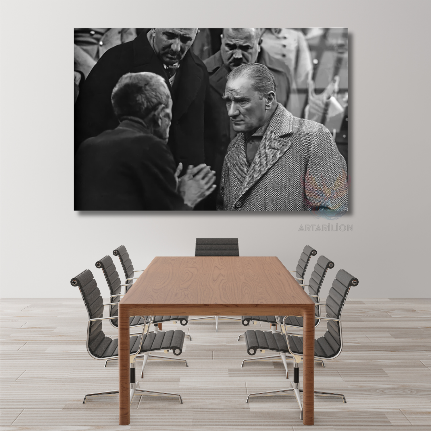 Atatürk and the People Themed Black and White Glass Painting Model Horizontal Wall Painting