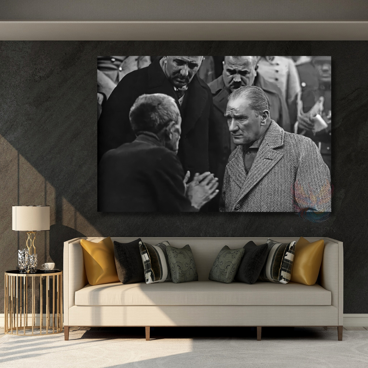 Atatürk ve Halk Temalı Siyah Beyaz Modeli Yatay Kanvas Tablo