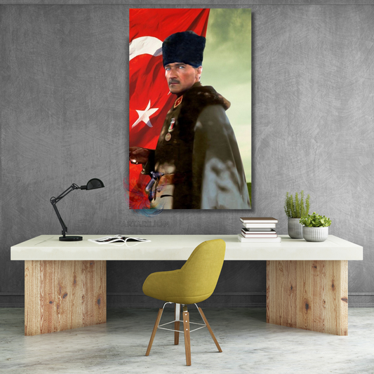 Atatürk ve Türk Bayrağı Renkli Görsel Kanvas Duvar Tablosu Dikey Duvar Tablosu