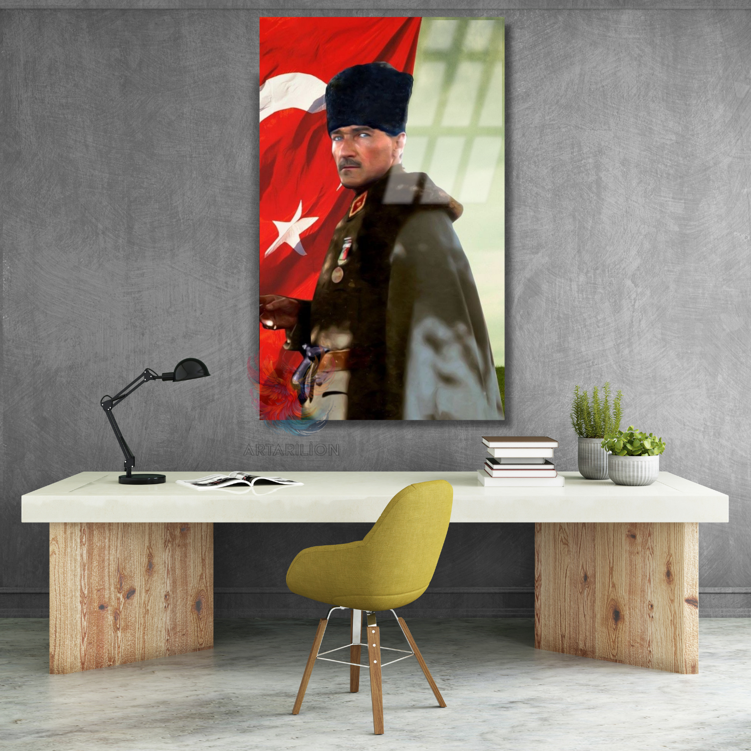 Atatürk ve Türk Bayrağı Renkli Görsel Dikey Cam Tablo