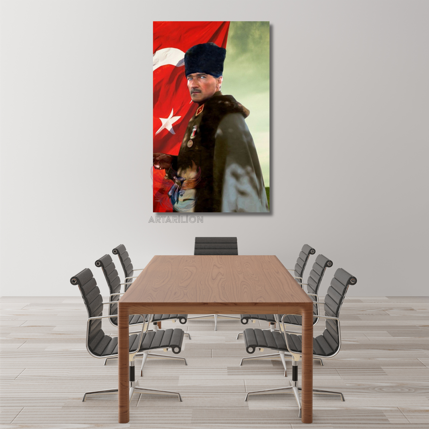 Atatürk ve Türk Bayrağı Renkli Görsel Dikey Kanvas Tablo