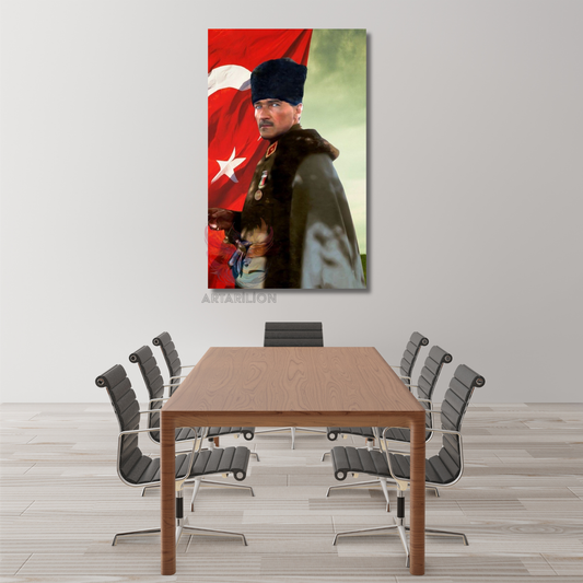 Atatürk ve Türk Bayrağı Renkli Görsel Kanvas Duvar Tablosu Dikey Duvar Tablosu