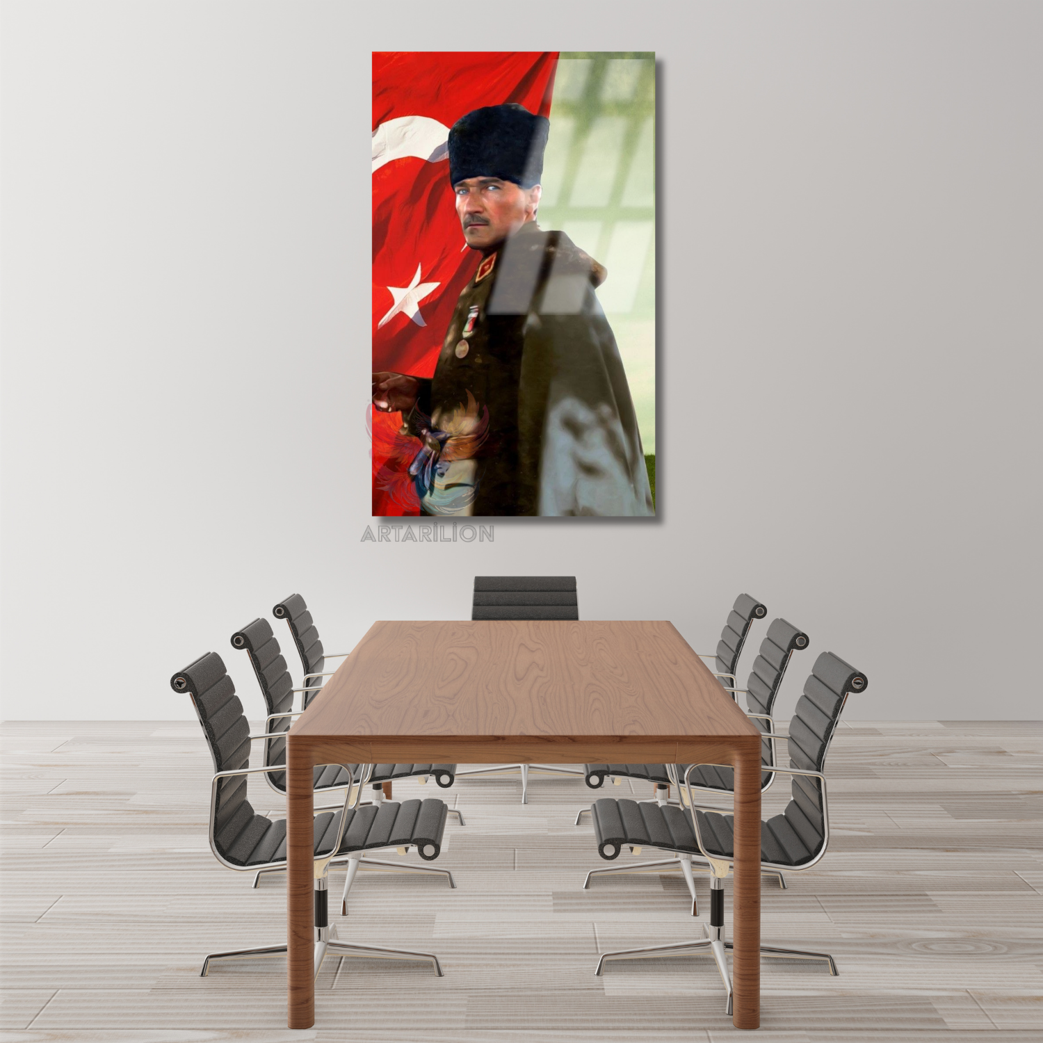Atatürk ve Türk Bayrağı Renkli Görsel Dikey Cam Tablo
