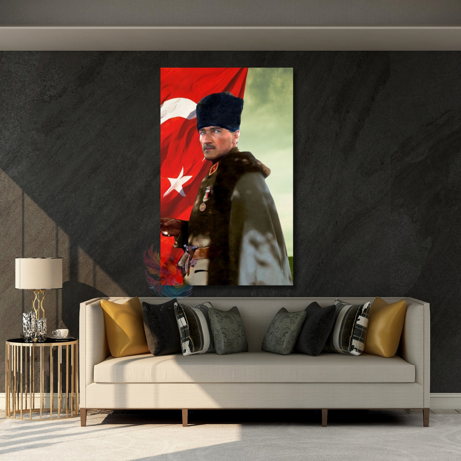 Atatürk ve Türk Bayrağı Renkli Görsel Dikey Kanvas Tablo