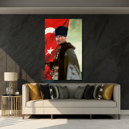 Atatürk ve Türk Bayrağı Renkli Görsel Kanvas Duvar Tablosu Dikey Duvar Tablosu