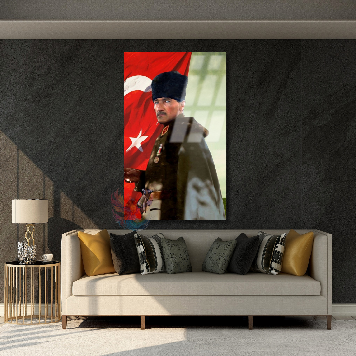 Atatürk ve Türk Bayrağı Renkli Görsel Dikey Cam Tablo