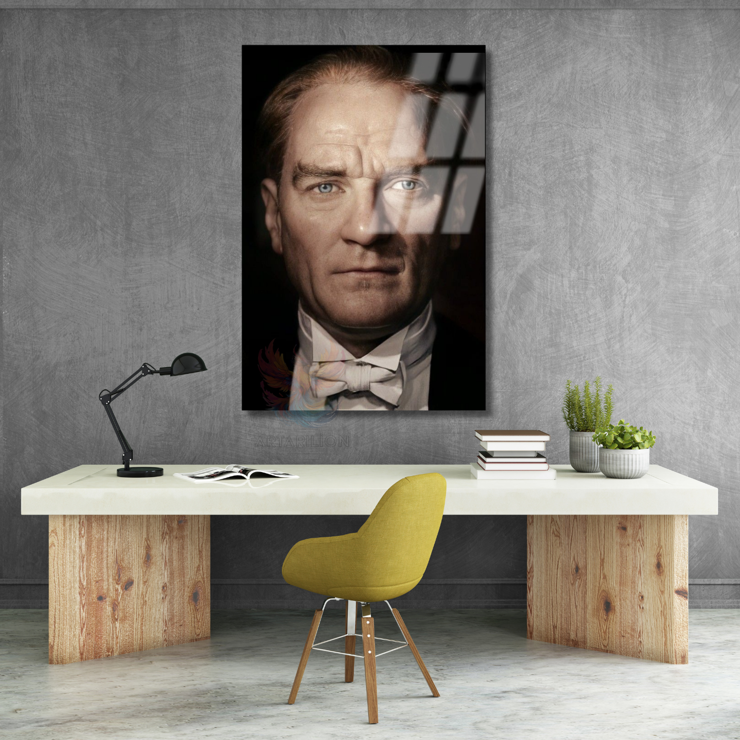Yakın Çekim Atatürk Portresi Renkli Dikey Cam Tablo