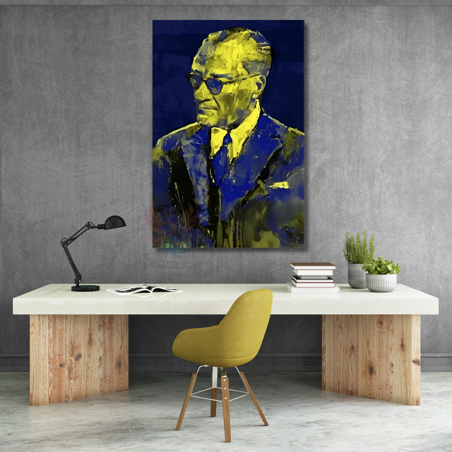 Atatürk Lacivert ve Sarı Rekli Modeli Kanvas Tablo