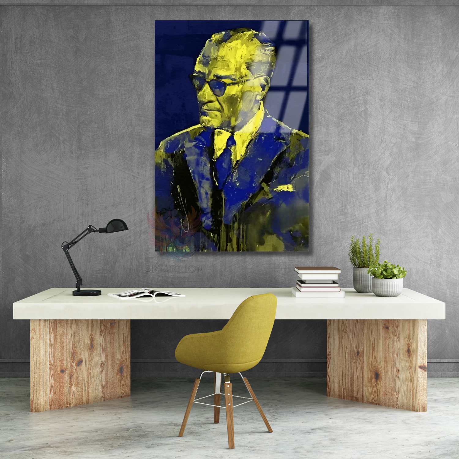 Atatürk Lacivert ve Sarı Rekli Modeli Cam Tablo