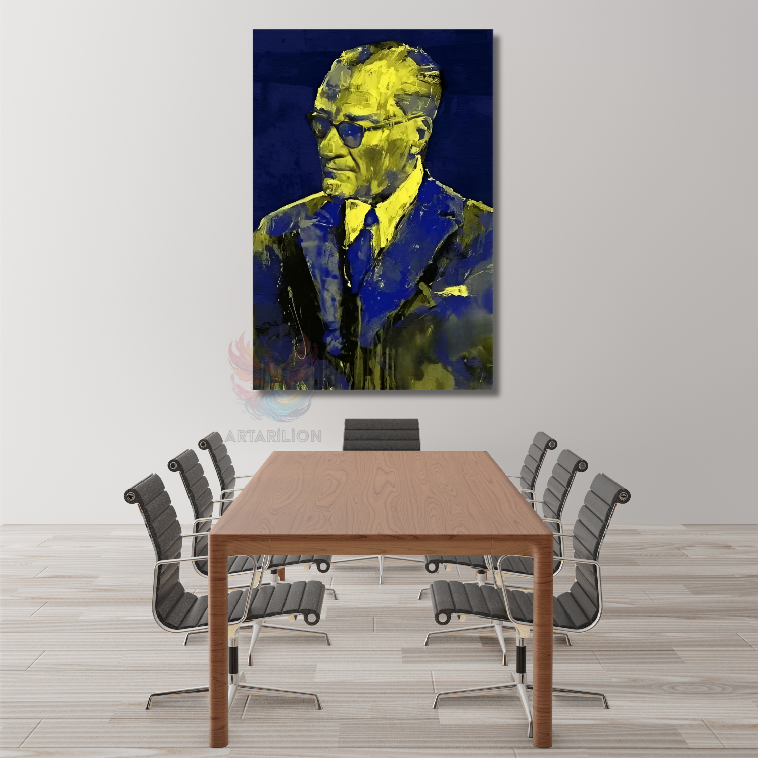 Atatürk Lacivert ve Sarı Rekli Modeli Kanvas Tablo