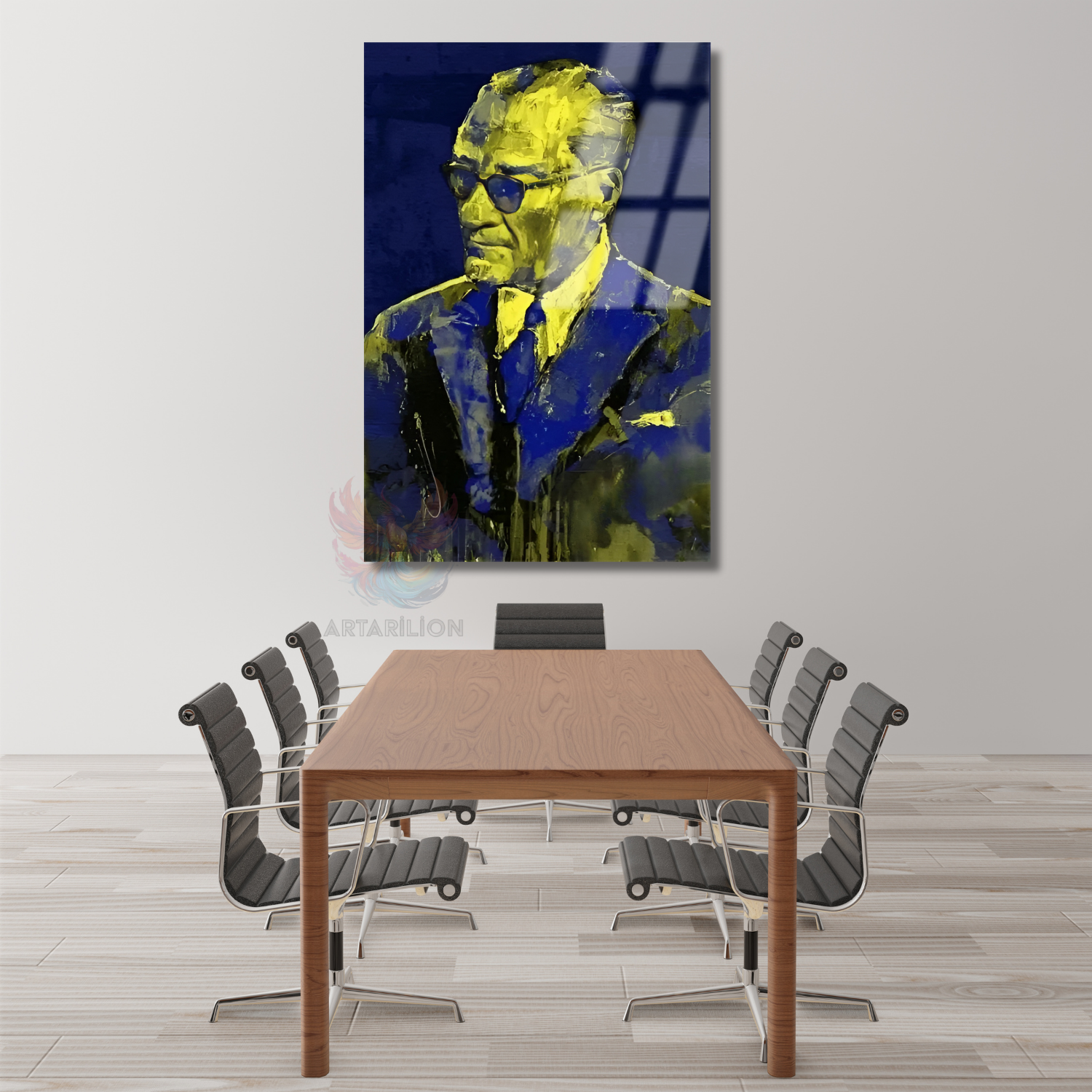 Atatürk Lacivert ve Sarı Rekli Modeli Cam Tablo