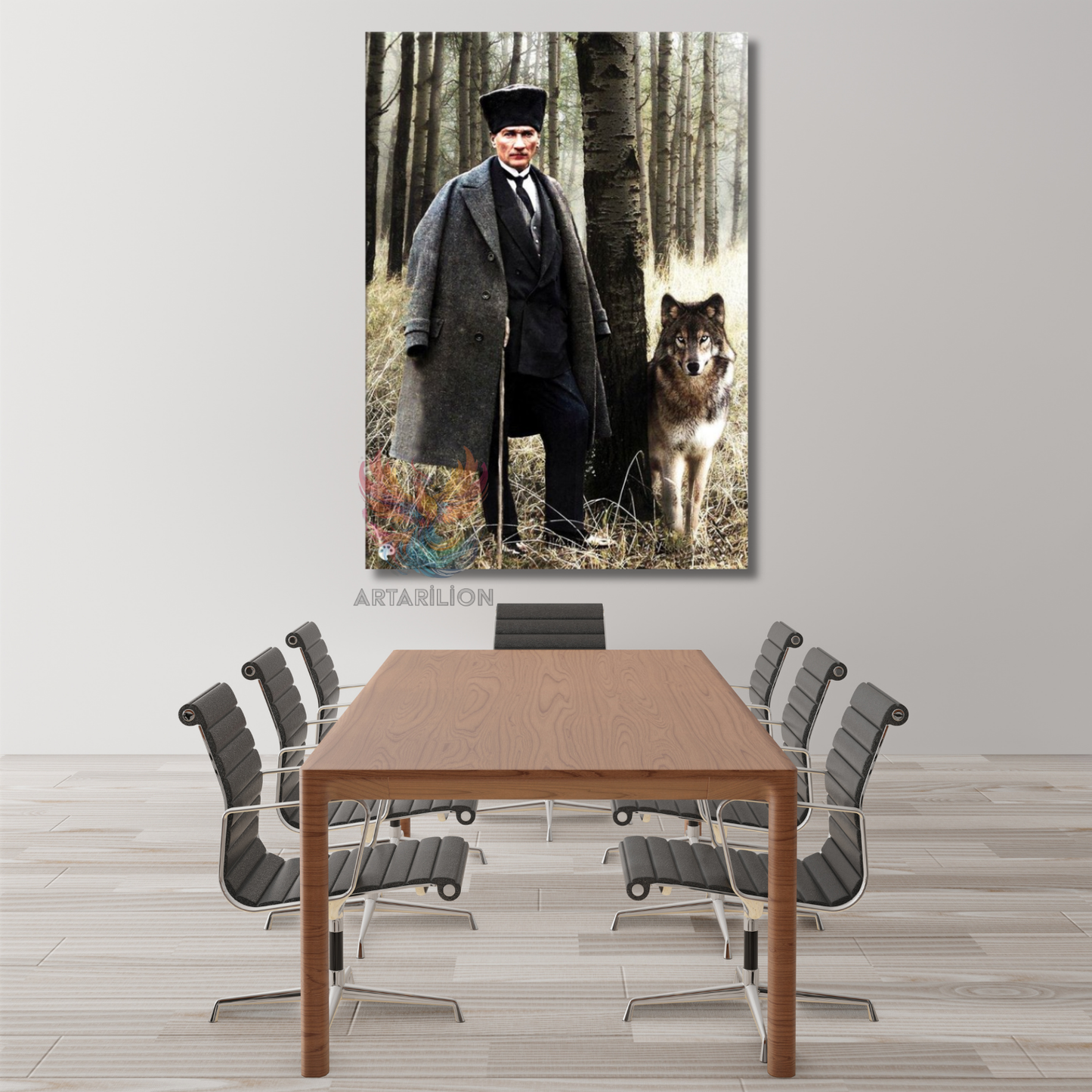 Atatürk ve Kurt Görseli Kanvas Tablo Dikey Duvar Tablosu Ev Ofis Tablosu