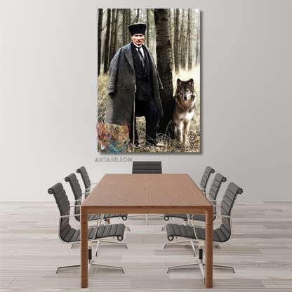 Atatürk ve Kurt Görseli Kanvas Tablo Dikey Duvar Tablosu Ev Ofis Tablosu