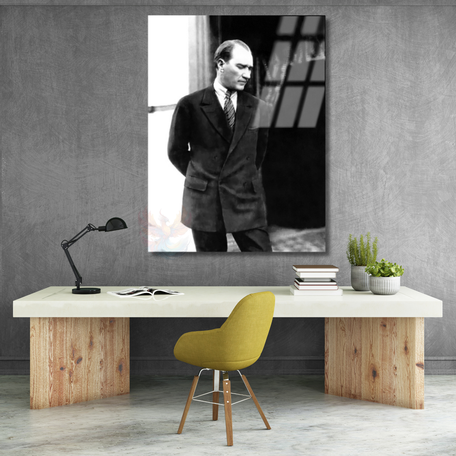 Kemal Atatürk Siyah Beyaz Duvar Dikey Cam Tablo