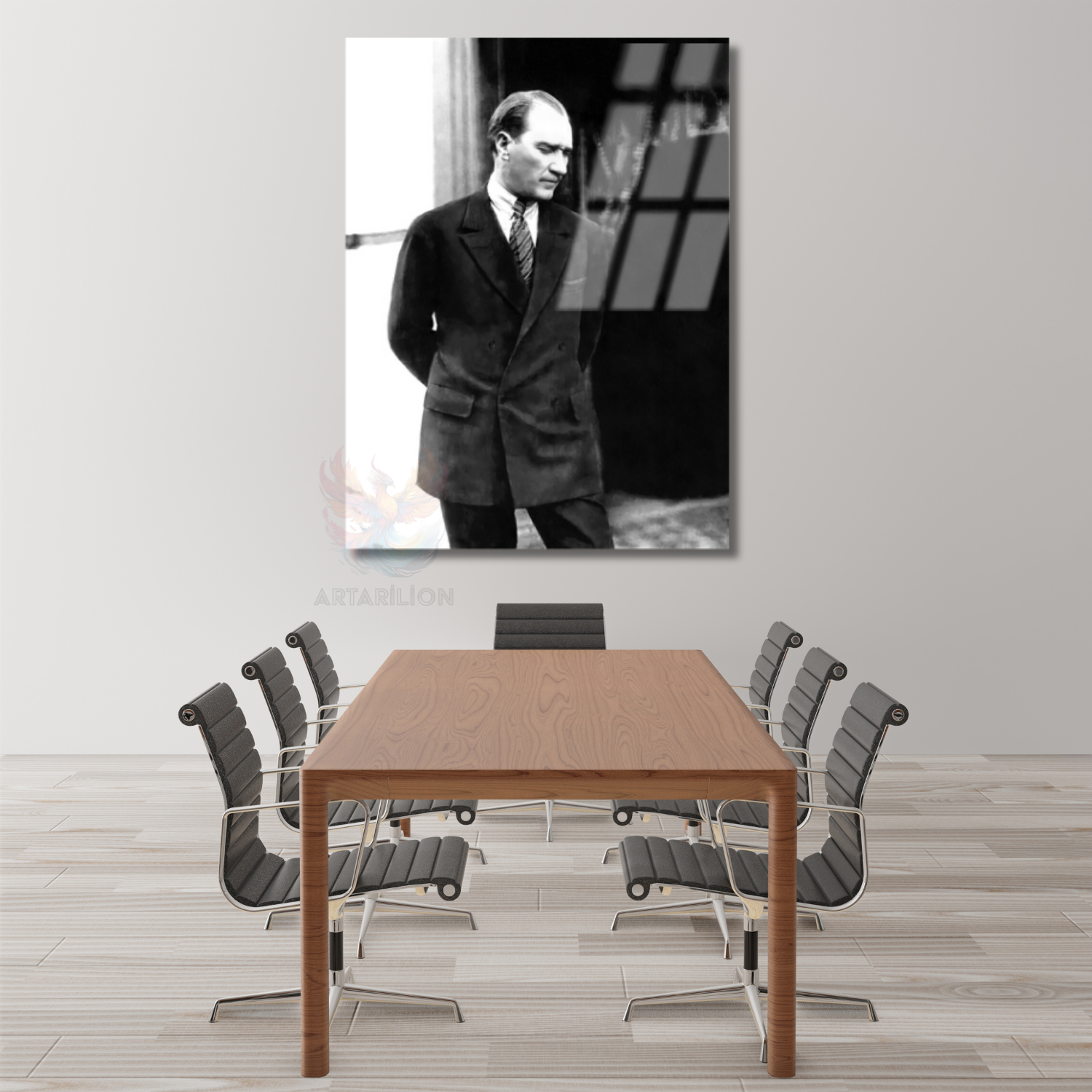 Kemal Atatürk Siyah Beyaz Duvar Dikey Cam Tablo