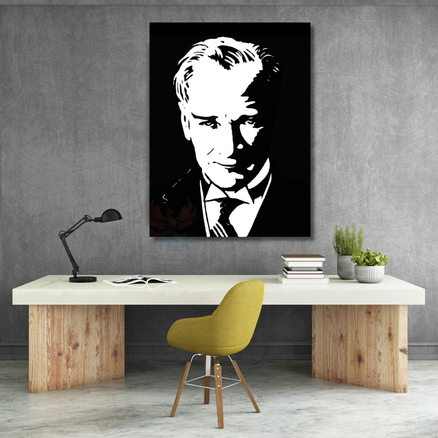 Siyah Beyaz Atatürk Çizimi Modeli Okul Dikey Kanvas Tablo