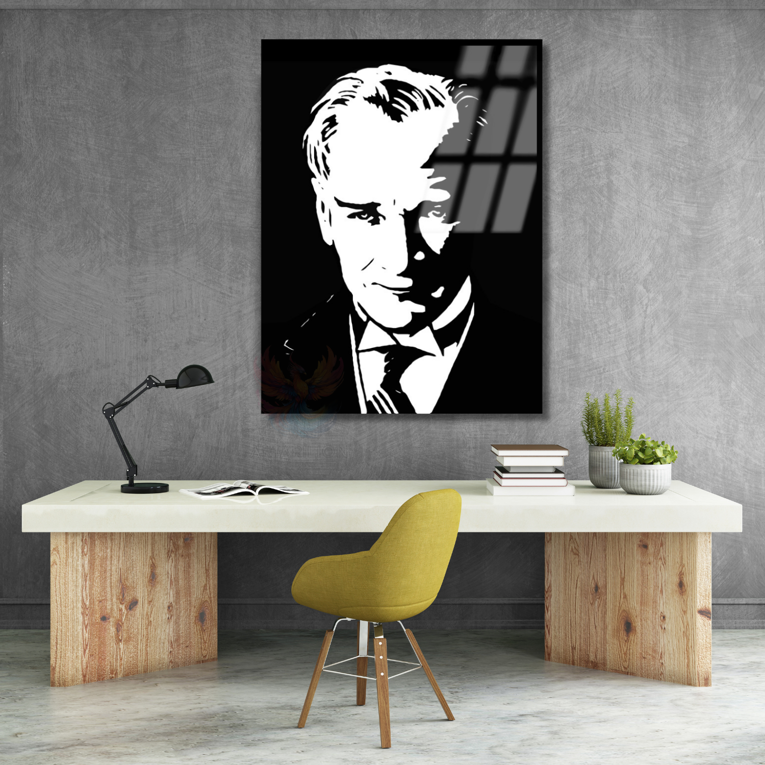 Siyah Beyaz Atatürk Çizimi Modeli Okul Dikey Cam Tablo