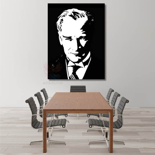 Siyah Beyaz Atatürk Çizimi Kanvas Tablo Modeli Dikey Duvar Tablosu Ofis Okul Ev Tablosu