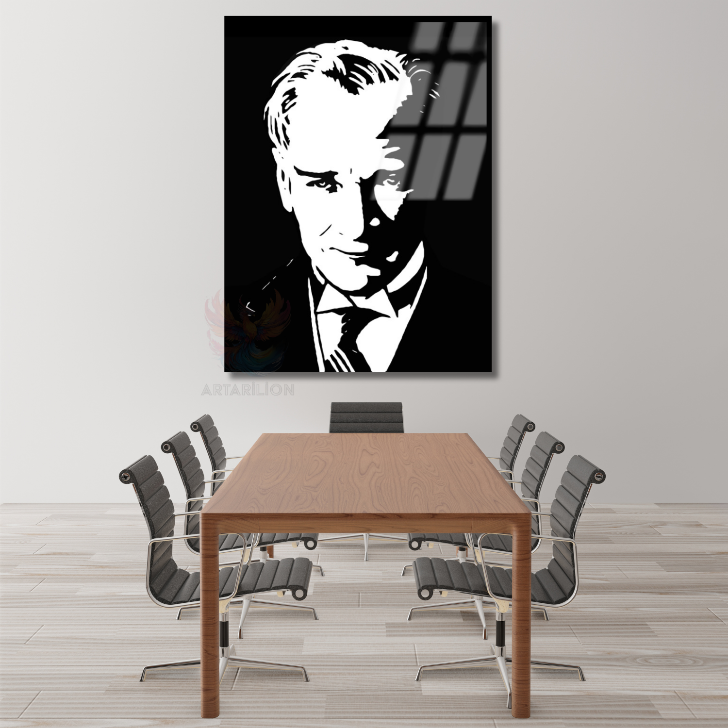 Siyah Beyaz Atatürk Çizimi Modeli Okul Dikey Cam Tablo
