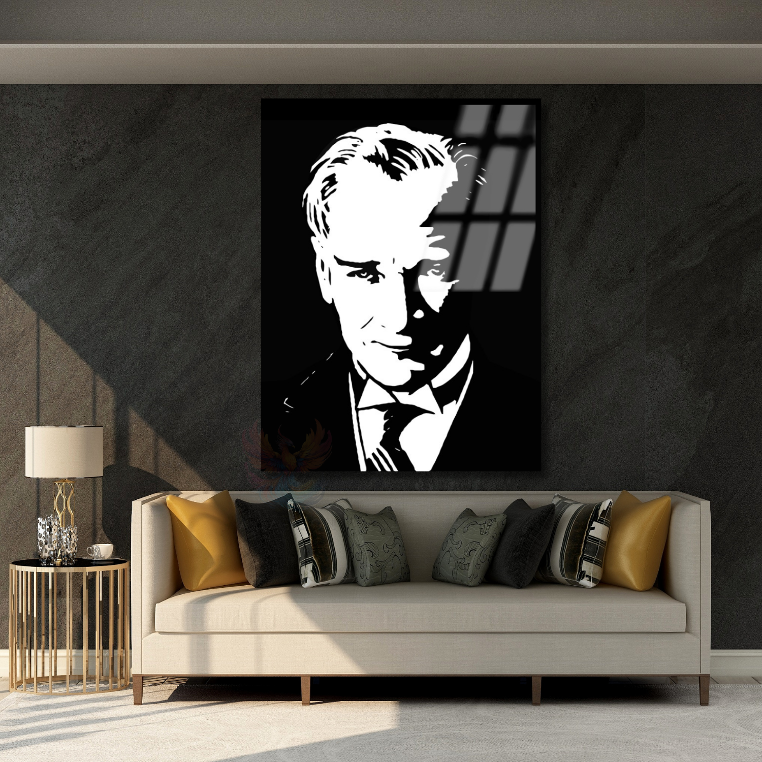 Siyah Beyaz Atatürk Çizimi Modeli Okul Dikey Cam Tablo