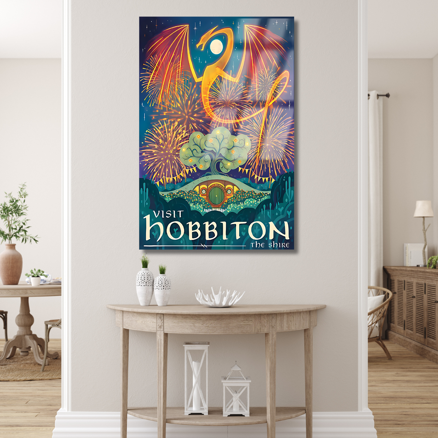 Yüzüklerin Efendisi Hobbiton Dijital Baskı Kırılmaz LOTR Dizi Film Cam Tablo