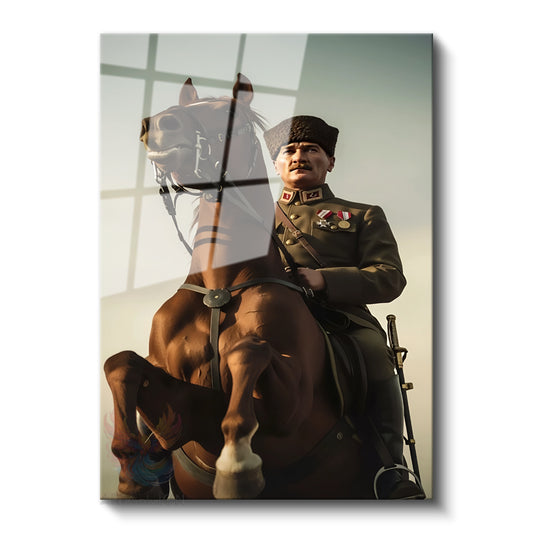 Cam Dikey Duvar Tablosu Cam Atatürk At Üstünde Ev Ofis Salon Modern Duvar Tablosu